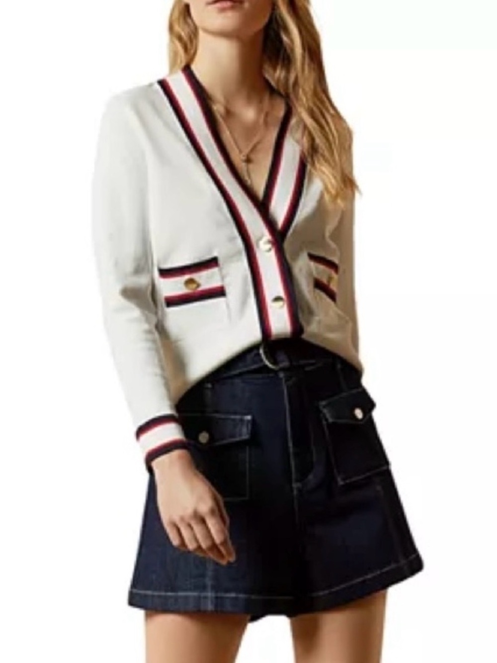 New TED BAKER Skillar Cardigan (Ivory with red, ivory, and blue striped details)